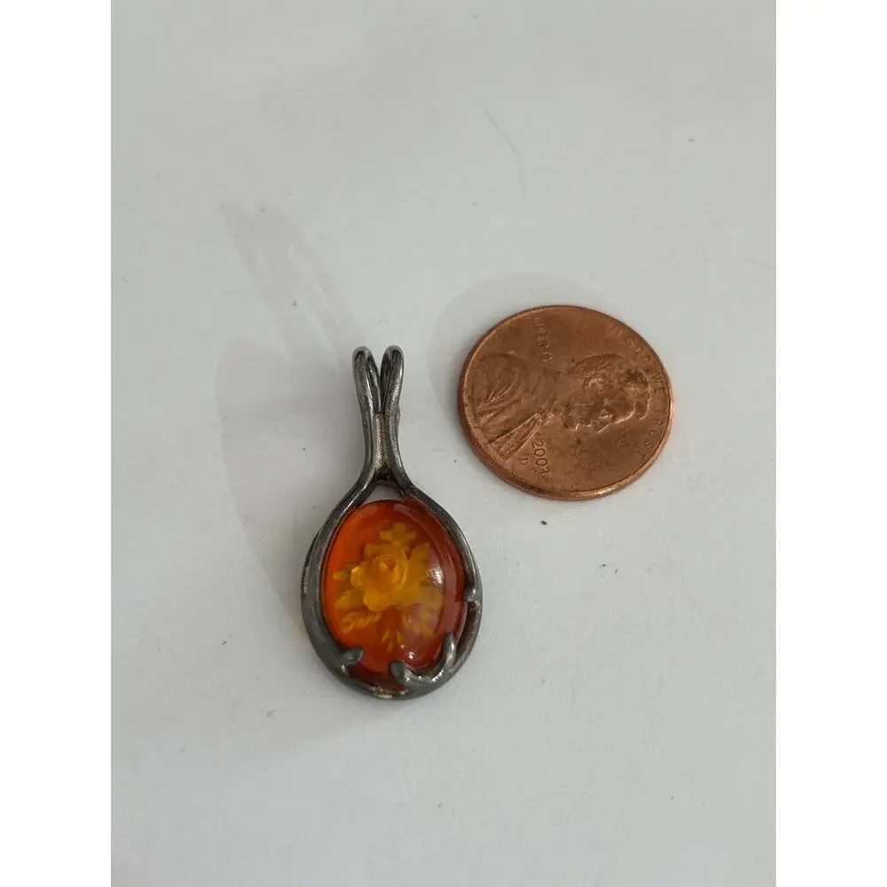 Vintage Sterling Silver Reverse Carved Amber Pendant Rose Whimsical
